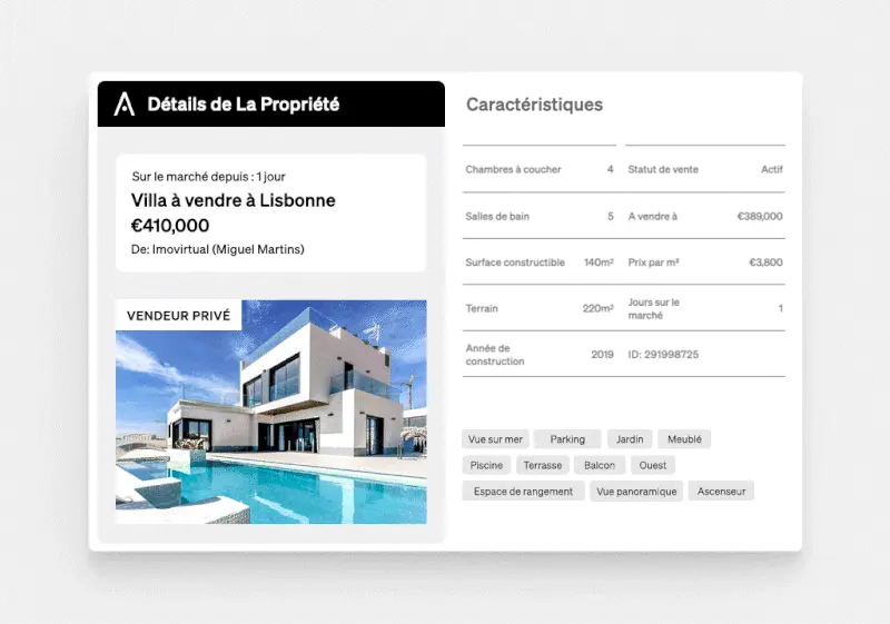 Vue du CASAFARI CRM avec des données immobilières et de l’intelligence de marché